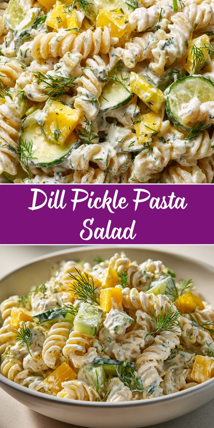 A vertical Pinterest-style graphic featuring a creamy pasta salad. A purple text banner across the center reads 'Dill Pickle Pasta Salad' in white script. The images above and below show close-ups of rotini pasta coated in a white creamy dressing, mixed with cubed yellow cheese, sliced cucumbers, and topped with generous sprigs of fresh dill.