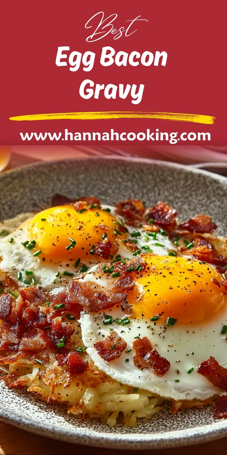 Two sunny-side-up eggs with bright orange yolks on a speckled gray plate over crispy hash browns, topped with crispy bacon pieces, black pepper, and fresh chopped chives.