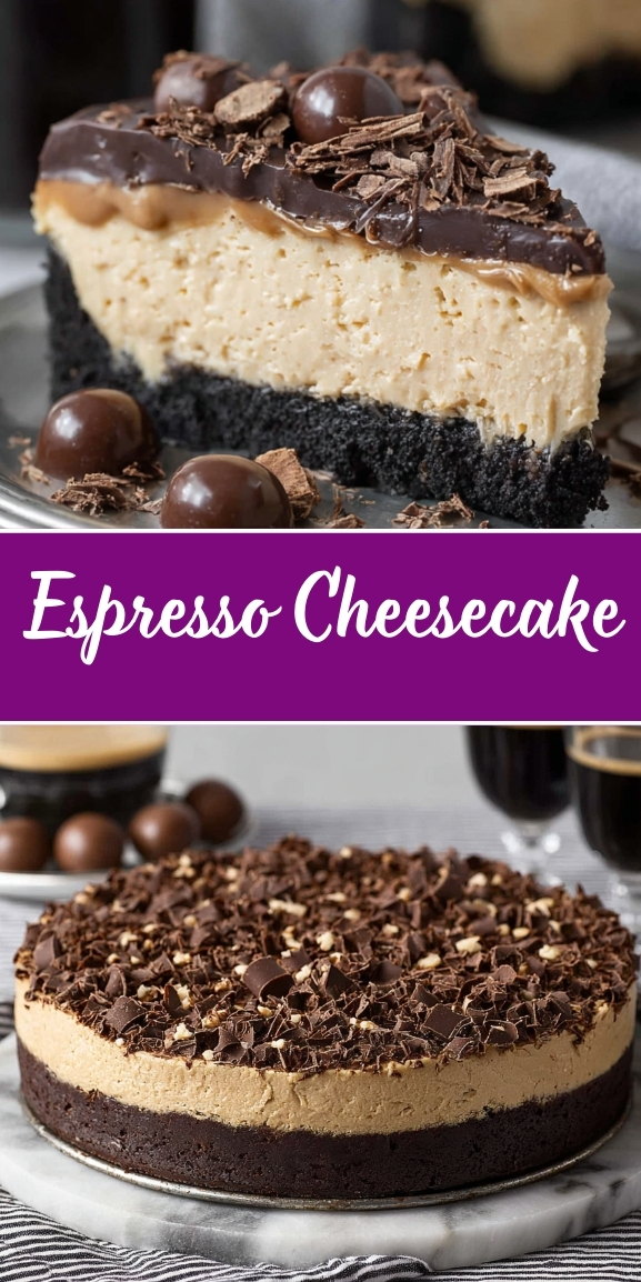A slice of espresso cheesecake showing three distinct layers: a dark chocolate cookie crust base, thick creamy tan espresso cheesecake filling, and glossy chocolate ganache top garnished with chocolate shavings and chocolate-covered espresso beans.