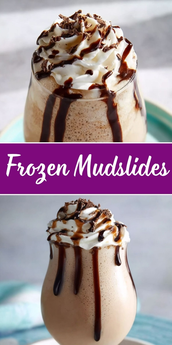 Frozen mudslide topped with whipped cream, chocolate drizzle, and chocolate shavings served in a glass.