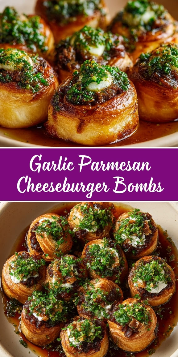 Golden-brown baked cheeseburger bombs wrapped in flaky pastry, filled with seasoned ground beef and melted cheese, topped with bright green garlic parsley butter and grated parmesan, arranged on a white plate with savory juices.