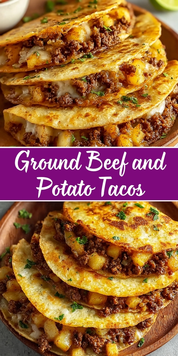 Stack of crispy ground beef and potato tacos with melted cheese, diced potatoes, seasoned ground beef, and fresh herbs in golden corn tortillas