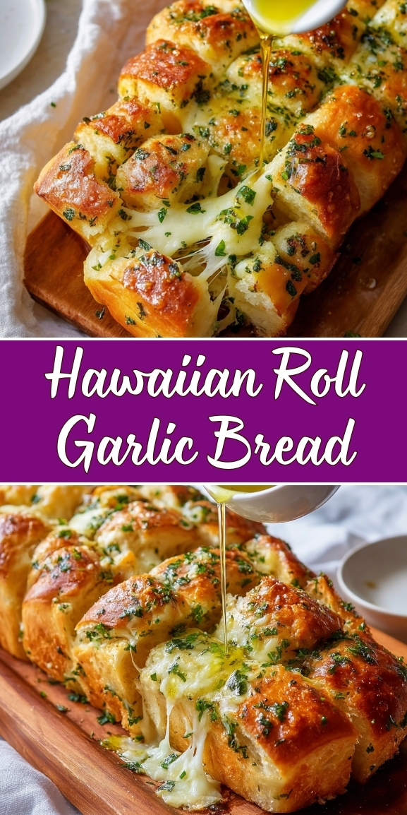 Hawaiian roll garlic bread with melted mozzarella and herbs, showing a cheesy pull as warm garlic butter is poured over golden pull-apart rolls on a wooden board
