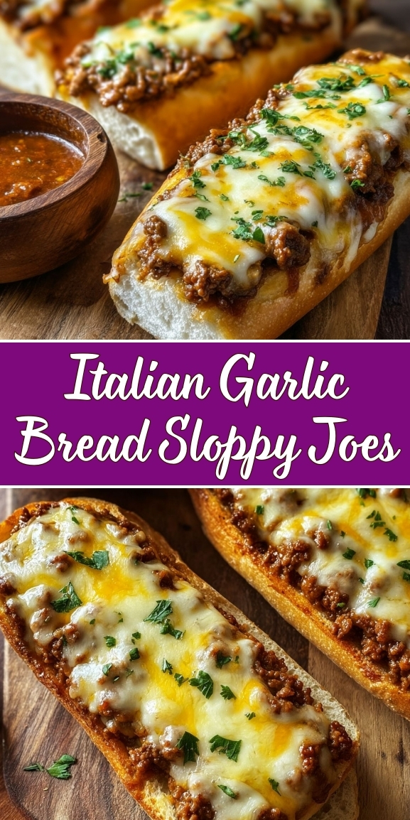Italian garlic bread sloppy joes topped with melty cheese and savory beef on toasted bread, shown in a Pinterest-style recipe graphic