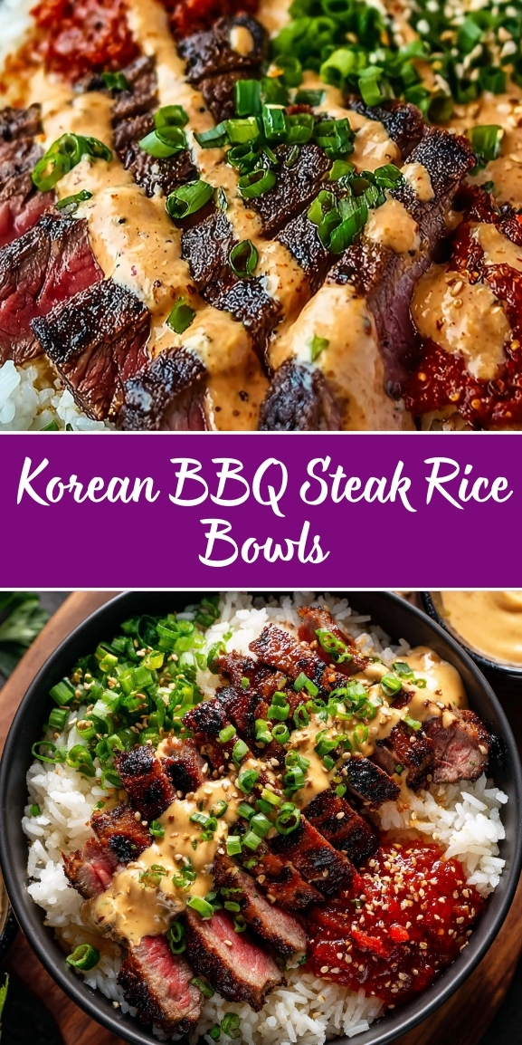 Korean BBQ steak rice bowl with sliced grilled steak over white rice, drizzled with creamy sauce, topped with sliced green onions, sesame seeds, and gochujang (Korean red chili paste) on the side
