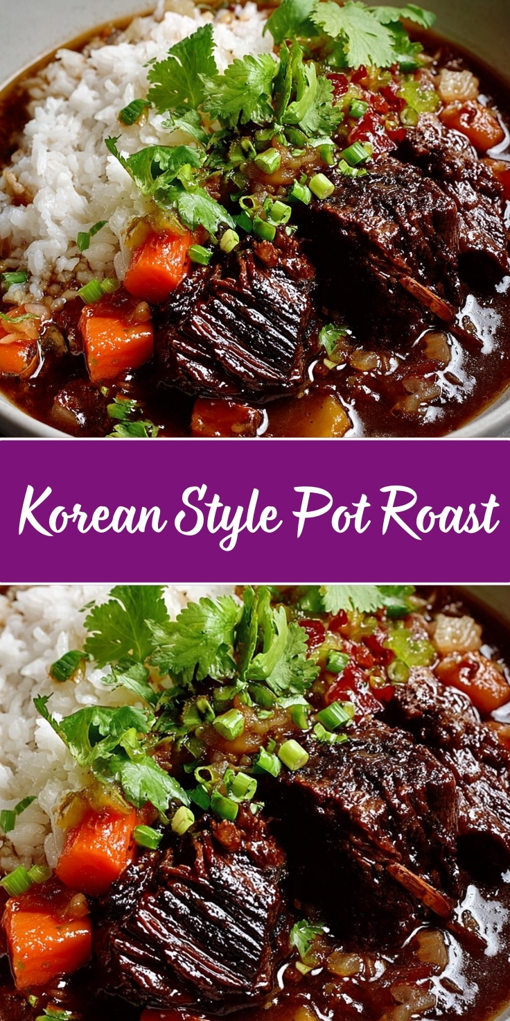 Korean-style pot roast with tender braised beef chunks in rich soy-based sauce, served with carrots, onions, white rice, and garnished with fresh cilantro, sliced green onions, and sesame seeds in a white bowl