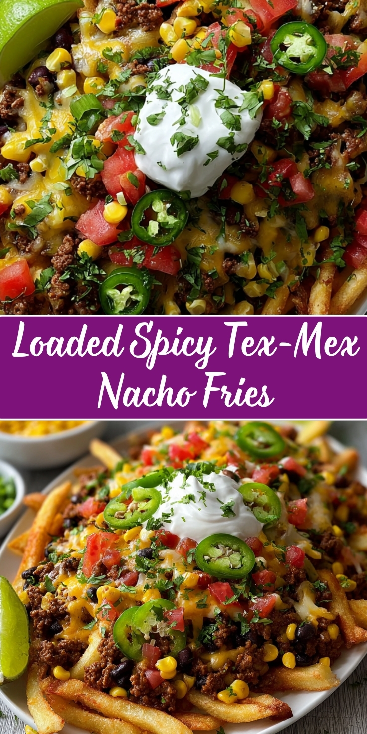 Loaded Spicy Tex-Mex Nacho Fries topped with seasoned ground beef, melted cheese, black beans, sweet corn, diced tomatoes, sliced jalapeños, sour cream, and fresh cilantro, served on a white plate with lime wedges on the side