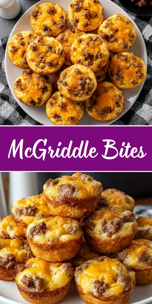 McGriddle bites - breakfast muffin cups combining scrambled eggs, crumbled breakfast sausage, and melted cheddar cheese baked in golden pancake cups with a touch of maple sweetness