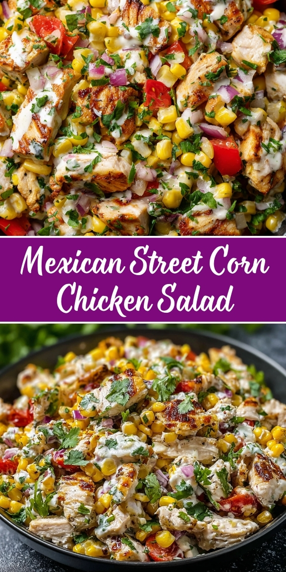 Mexican street corn chicken salad with grilled chicken pieces, sweet corn kernels, diced red bell peppers, red onions, fresh cilantro, and creamy white dressing in a black bowl