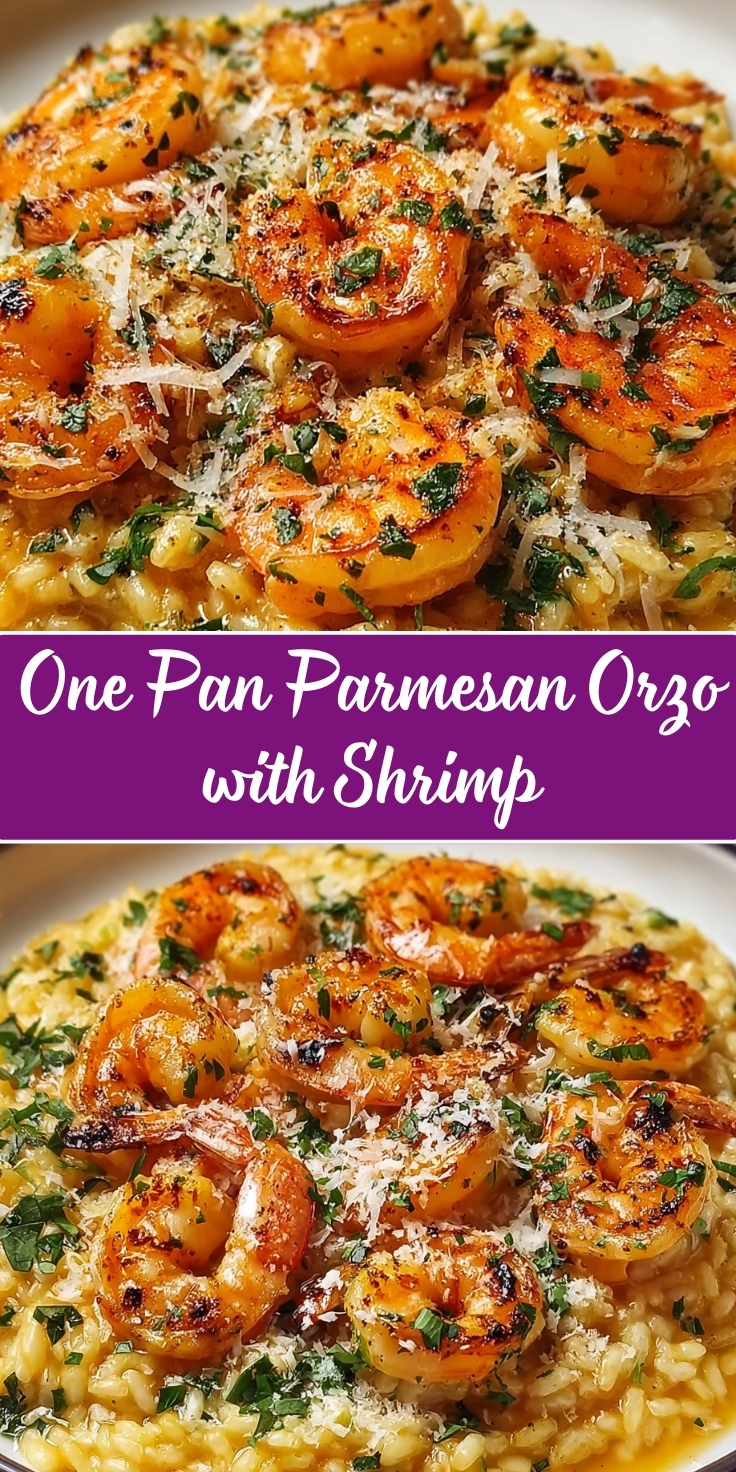 A vertical Pinterest-style graphic divided into three sections. A purple banner in the center reads "One Pan Parmesan Orzo with Shrimp" in white script. The sections above and below the text feature appetizing close-ups of the creamy orzo and shrimp dish.