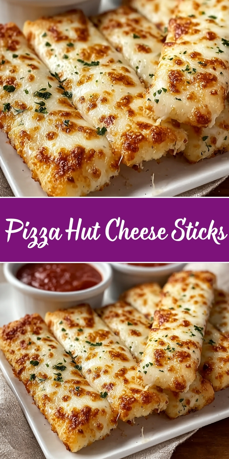 A vertical Pinterest graphic for a copycat recipe. A purple text banner in the center reads "Pizza Hut Cheese Sticks" in white script. The top image shows a close-up of rectangular breadsticks topped with melted, browned cheese and parsley. The bottom image displays the cheese sticks arranged on a plate with two small bowls of red marinara dipping sauce.