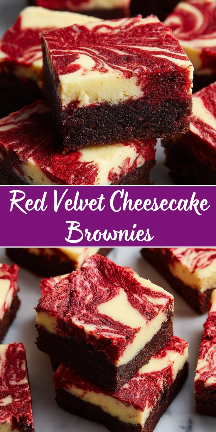 A vertical Pinterest collage featuring close-up photos of stacked red velvet brownies topped with marbled creamy cheesecake swirls. A purple banner across the center reads "Red Velvet Cheesecake Brownies" in white script font.