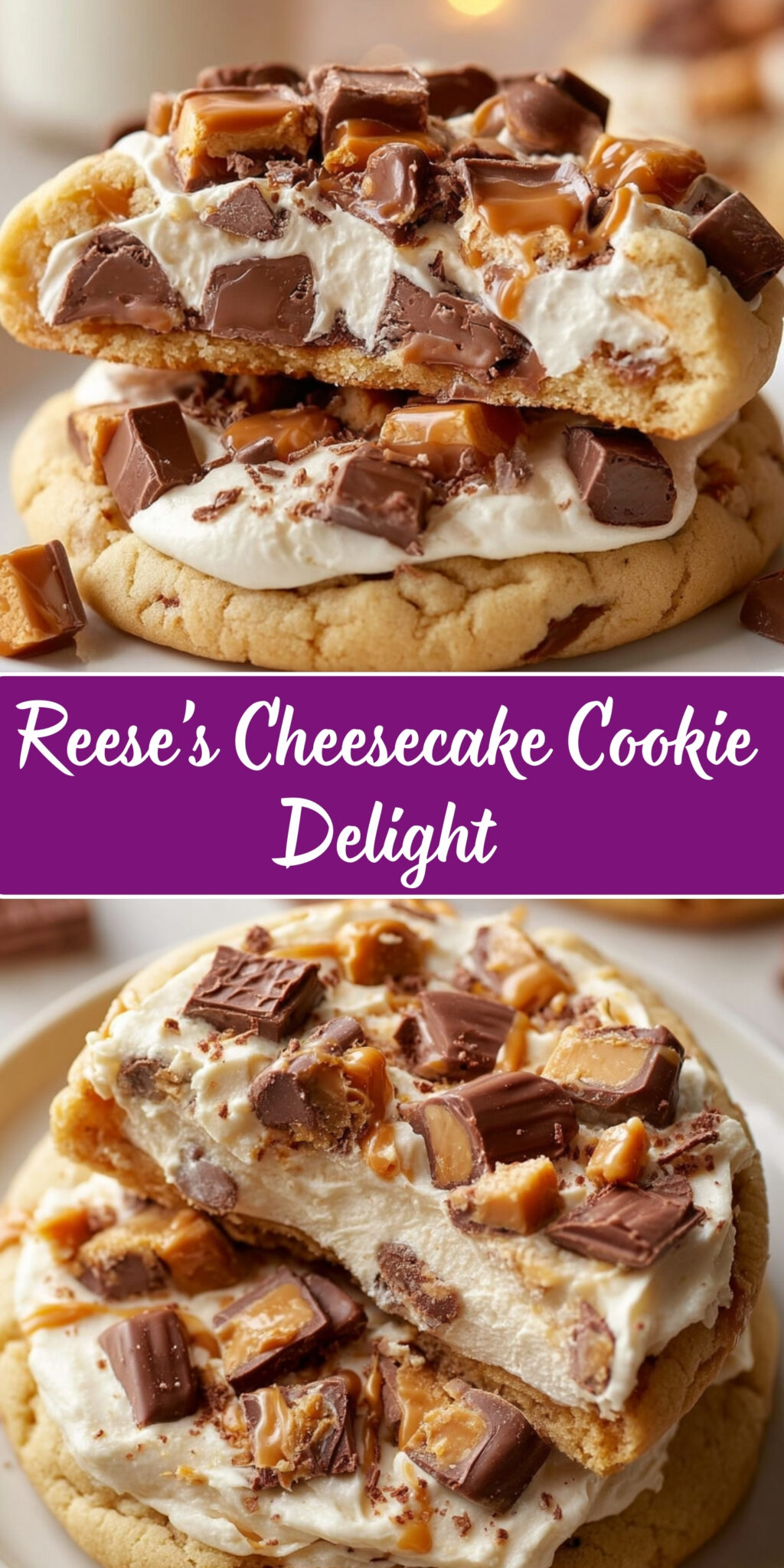 Reese's cheesecake cookie delight with soft sugar cookies layered with creamy cheesecake frosting, topped with chopped Reese's peanut butter cups, caramel drizzle, and chocolate shavings, stacked to show the layered cross-section