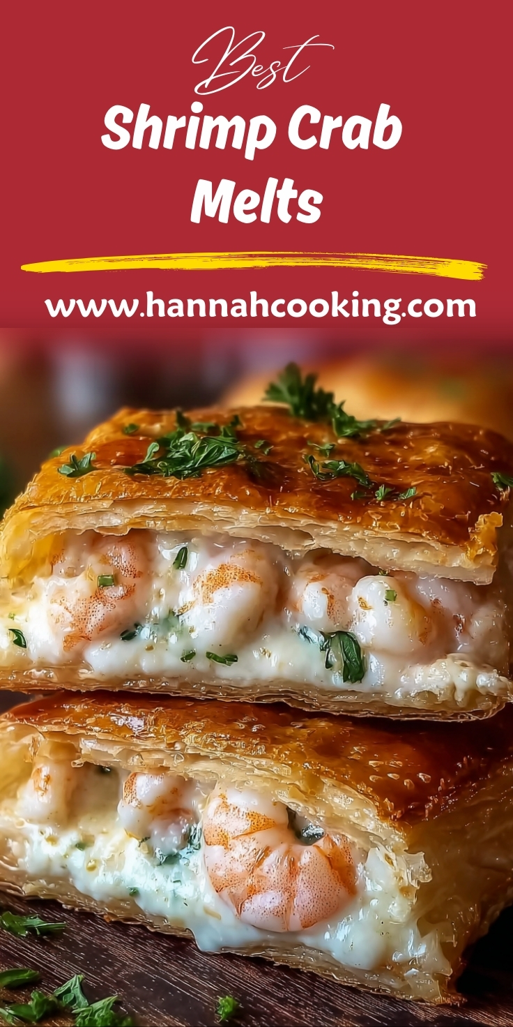 Golden-brown puff pastry melts stacked to show pink shrimp and creamy crab filling with fresh herbs, glazed with butter and garnished with parsley, displayed on a wooden board.