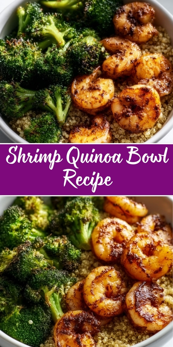 Shrimp quinoa bowl recipe with seasoned shrimp, fluffy quinoa, and roasted broccoli in a healthy dinner bowl.