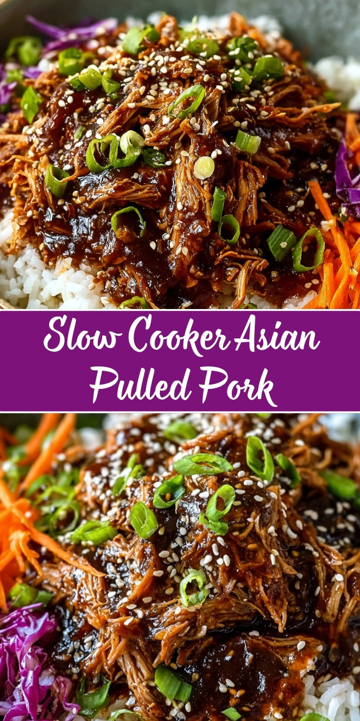 Slow Cooker Asian Pulled Pork served over white rice with a glossy dark sauce, garnished with sesame seeds and sliced green onions, accompanied by shredded purple cabbage and julienned carrots on the side