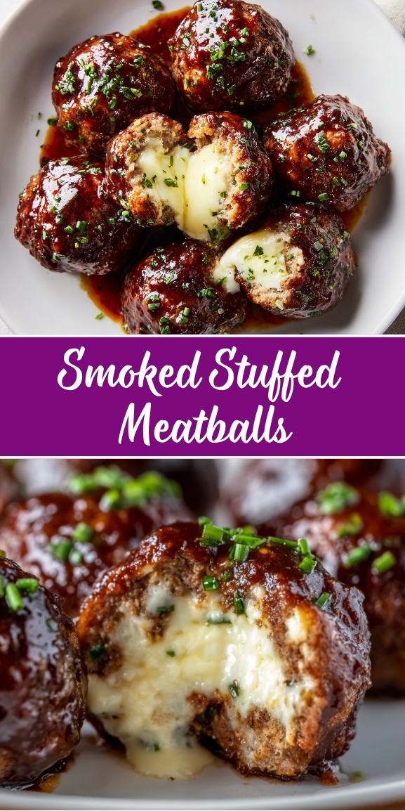 Smoked stuffed meatballs with melted cheese filling, coated in glossy barbecue sauce and garnished with fresh chopped parsley, arranged on a white plate with one cut open to reveal the creamy cheese center.