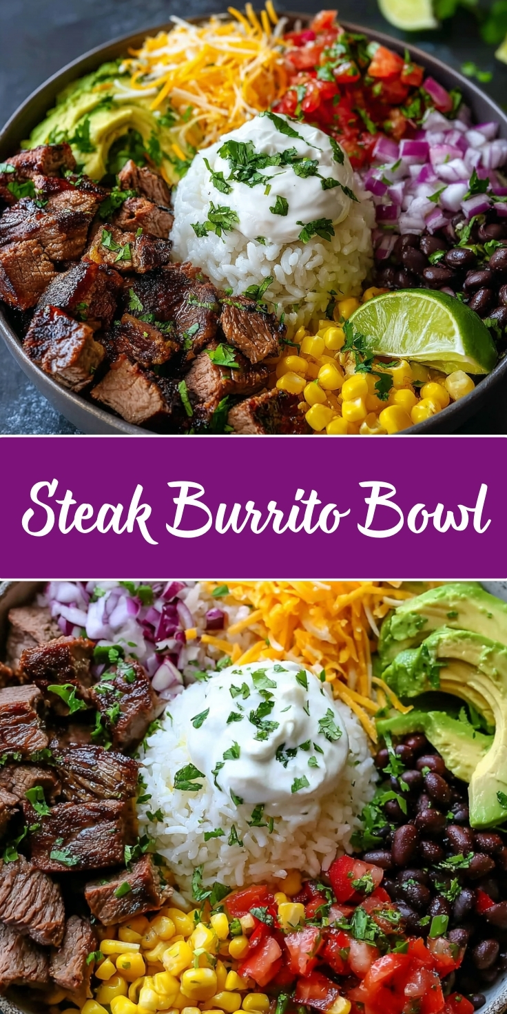 Colorful steak burrito bowl with seasoned sliced steak, white rice topped with sour cream and cilantro, shredded cheddar cheese, pico de gallo, sliced avocado, diced red onions, black beans, corn, and fresh lime wedges arranged in a black bowl