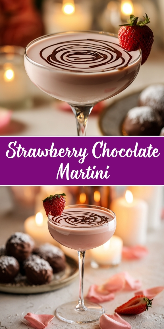 Strawberry chocolate martini in a coupe glass with creamy pink strawberry base, chocolate syrup spiral pattern on top, garnished with fresh strawberries, surrounded by chocolate truffles and candlelight