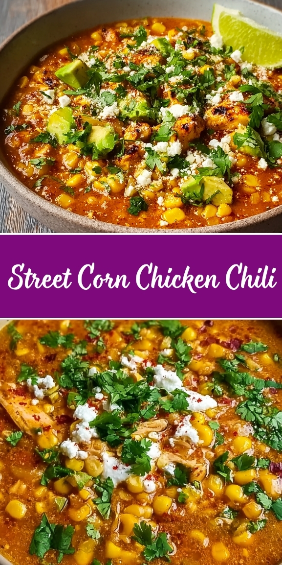 Street corn chicken chili in a gray bowl with sweet corn kernels, shredded chicken, and red chili broth, topped with crumbled cotija cheese, fresh cilantro, lime wedges, and chili powder.