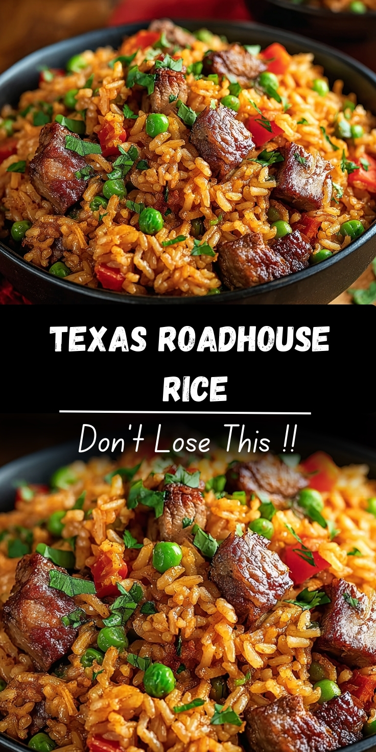 Texas Roadhouse-style seasoned rice in a black skillet with chunks of browned steak, bright green peas, diced red bell peppers, and fresh chopped cilantro garnish, presented in two identical overhead shots.