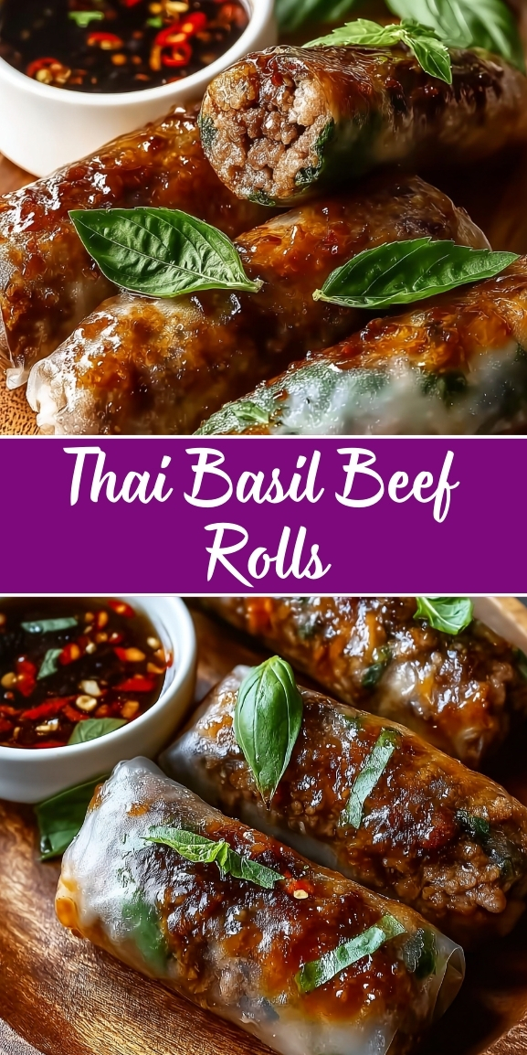 Thai basil beef rolls with translucent rice paper wrappers filled with seasoned ground beef and fresh Thai basil leaves, glazed with sweet chili sauce, served on a wooden board with Thai chili dipping sauce