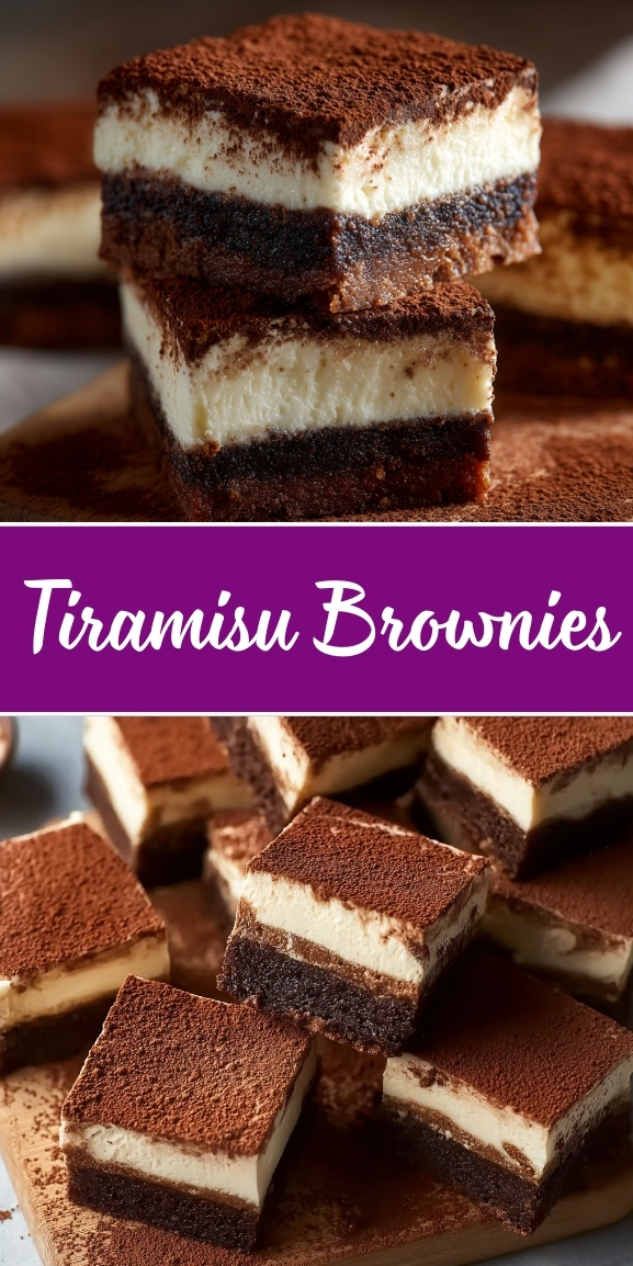 Layered tiramisu brownies with a dark chocolate brownie base, creamy mascarpone filling, chocolate layer, and cocoa powder dusted top, cut into squares and stacked to show the distinct layers.