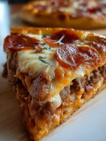 Thick slice of pizza burger pie with multiple layers of seasoned ground beef, melted mozzarella and cheddar cheese, pepperoni slices, and fresh herbs on a golden buttery crust