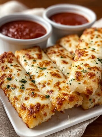 A close-up view of a rectangular white plate holding several golden-brown cheese sticks sprinkled with herbs. Behind the breadsticks are two small white bowls filled with red marinara dipping sauce.