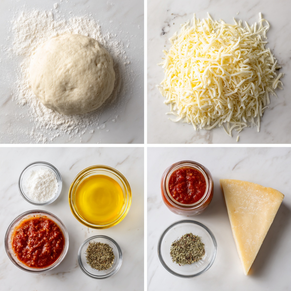 Ingredients for Pizza Hut Cheese Sticks arranged in a 4-panel flat lay on a white marble kitchen counter.