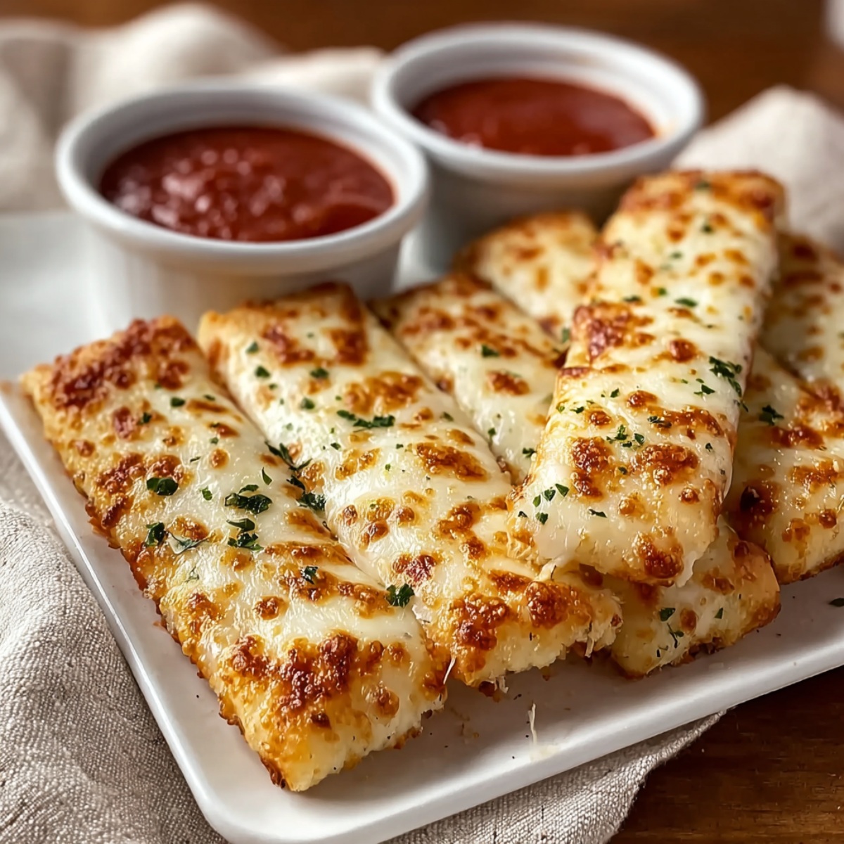 A close-up view of a rectangular white plate holding several golden-brown cheese sticks sprinkled with herbs. Behind the breadsticks are two small white bowls filled with red marinara dipping sauce.