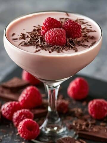 Raspberry Irish cream martini made with a smooth pink cocktail in a coupe glass, garnished with fresh raspberries and dark chocolate shavings, with chocolate pieces scattered on a dark surface.