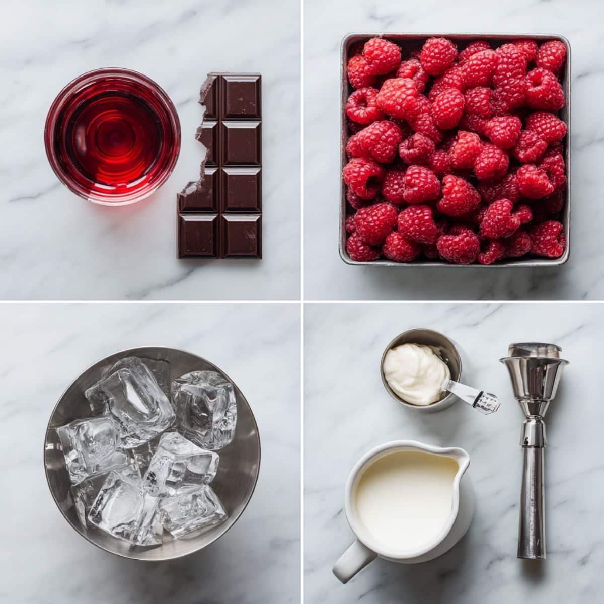 Ingredients for Raspberry Irish Cream Cocktail arranged in a 4-panel flat lay on a white marble kitchen counter.