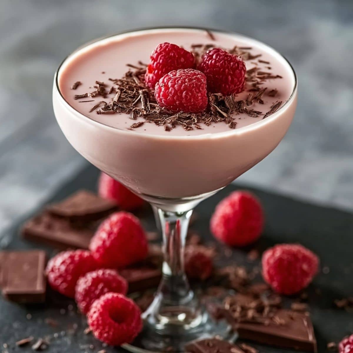 Raspberry Irish cream martini made with a smooth pink cocktail in a coupe glass, garnished with fresh raspberries and dark chocolate shavings, with chocolate pieces scattered on a dark surface.