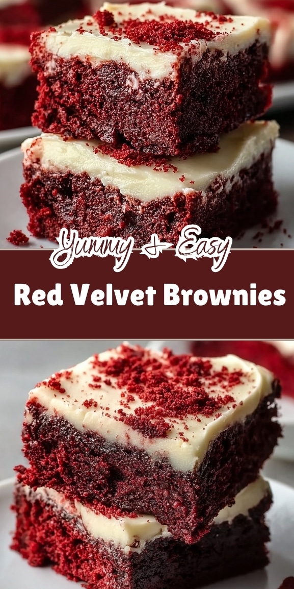 Red velvet brownies stacked on a plate with thick cream cheese frosting, fudgy red velvet layers, and red cake crumbs on top, shown in a vertical Pinterest-style food photo