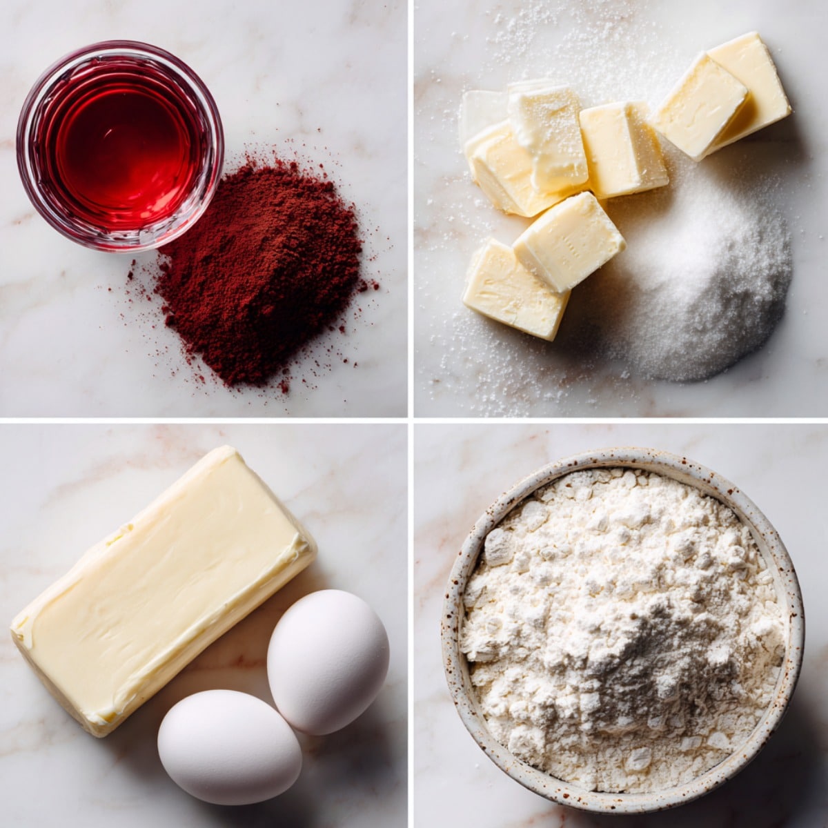 Ingredients for red velvet brownies arranged in a 4-panel flat lay on a white marble kitchen counter.