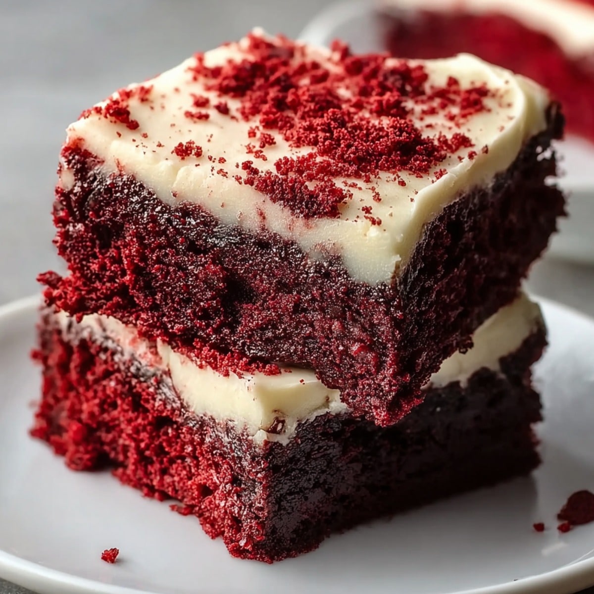 Red velvet brownies with thick cream cheese frosting, rich fudgy layers, and red velvet crumbs sprinkled on top, served on a white plate