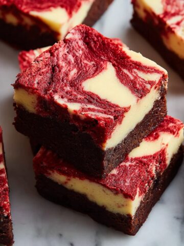 A close-up view of two stacked red velvet cheesecake brownies sitting on a white marble surface. The dessert bars feature a dense, dark chocolate brownie base topped with a creamy white cheesecake layer that is intricately swirled with vibrant red velvet batter. Several other brownie squares are scattered around the central stack.