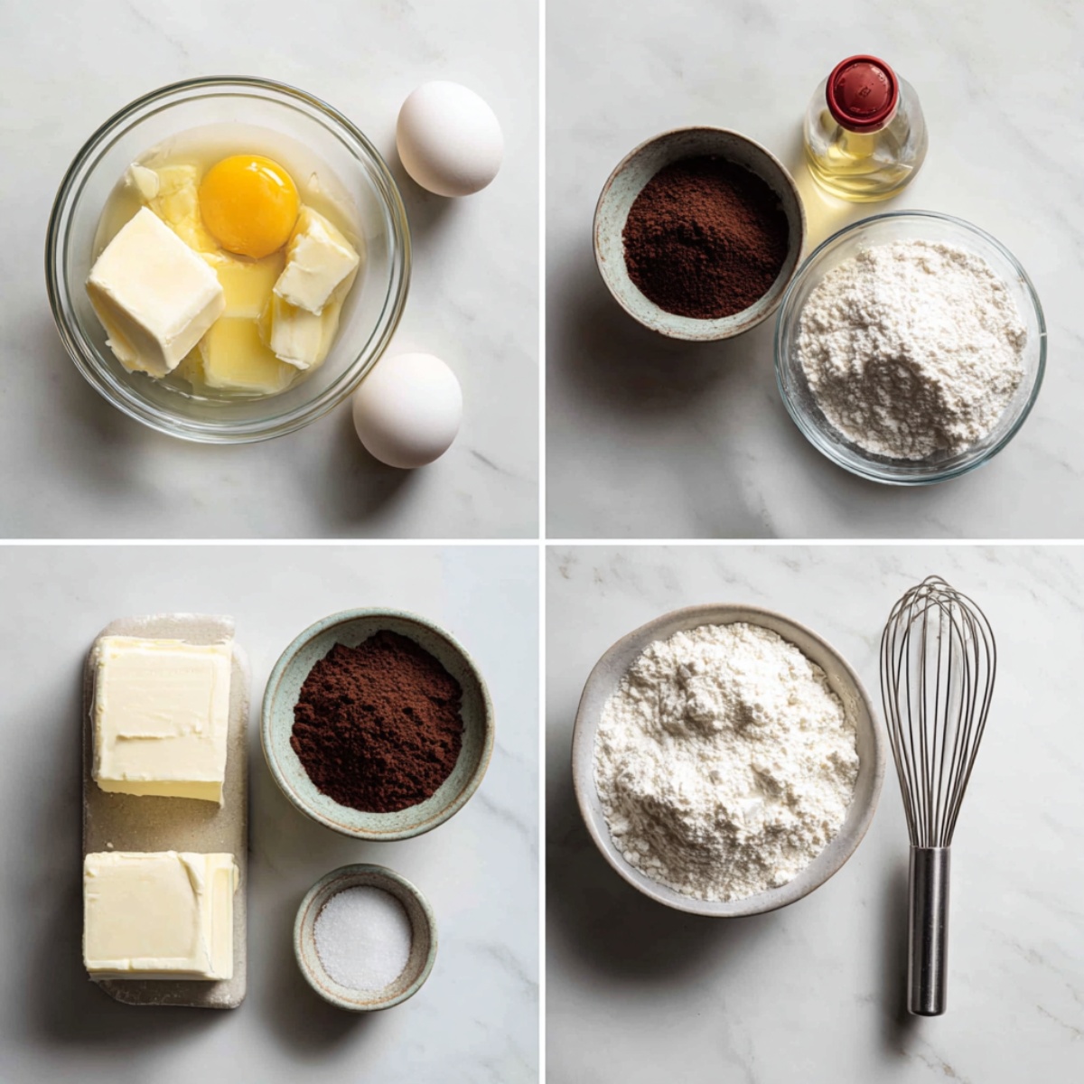 Ingredients for Red Velvet Cheesecake Brownies arranged in a 4-panel flat lay on a white marble kitchen counter.