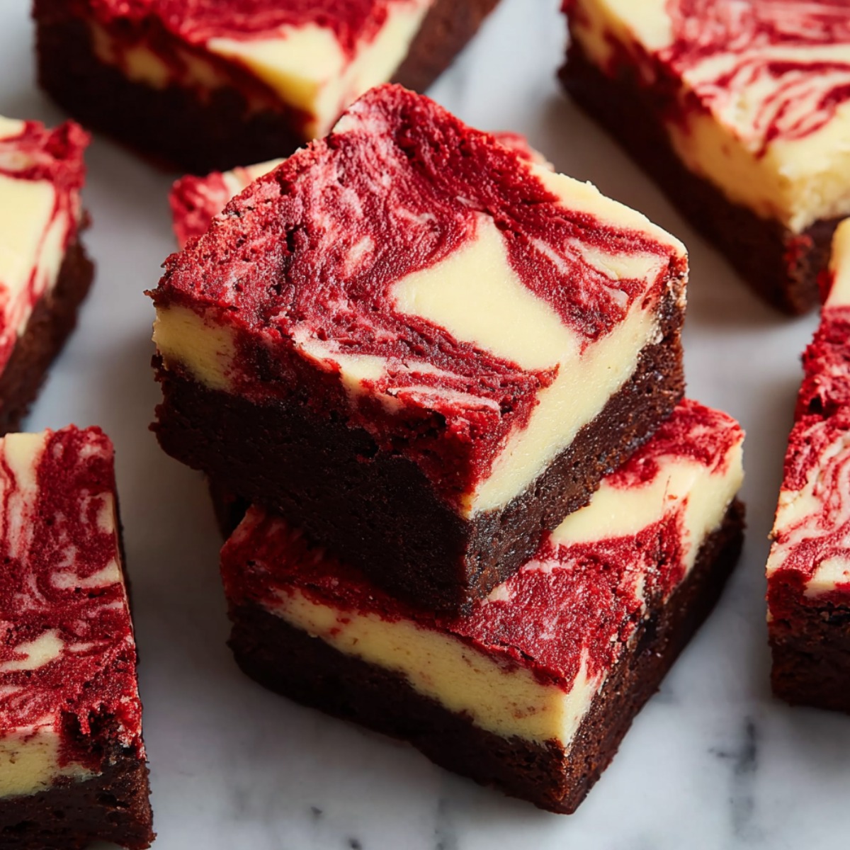 A close-up view of two stacked red velvet cheesecake brownies sitting on a white marble surface. The dessert bars feature a dense, dark chocolate brownie base topped with a creamy white cheesecake layer that is intricately swirled with vibrant red velvet batter. Several other brownie squares are scattered around the central stack.