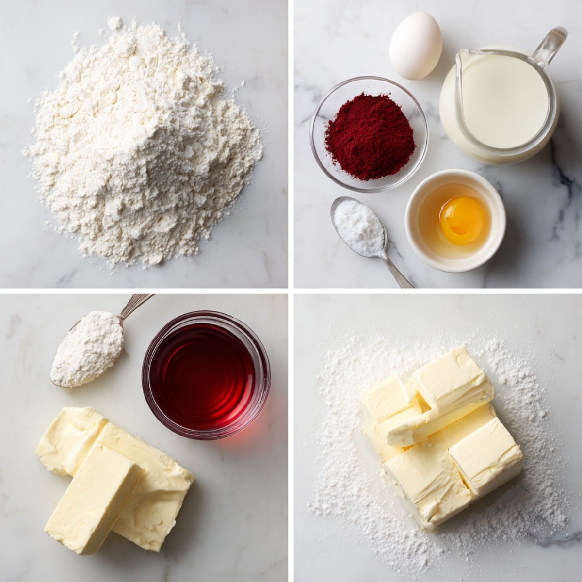 Ingredients for Red Velvet Cupcakes arranged in a 4-panel flat lay on a white marble kitchen counter.