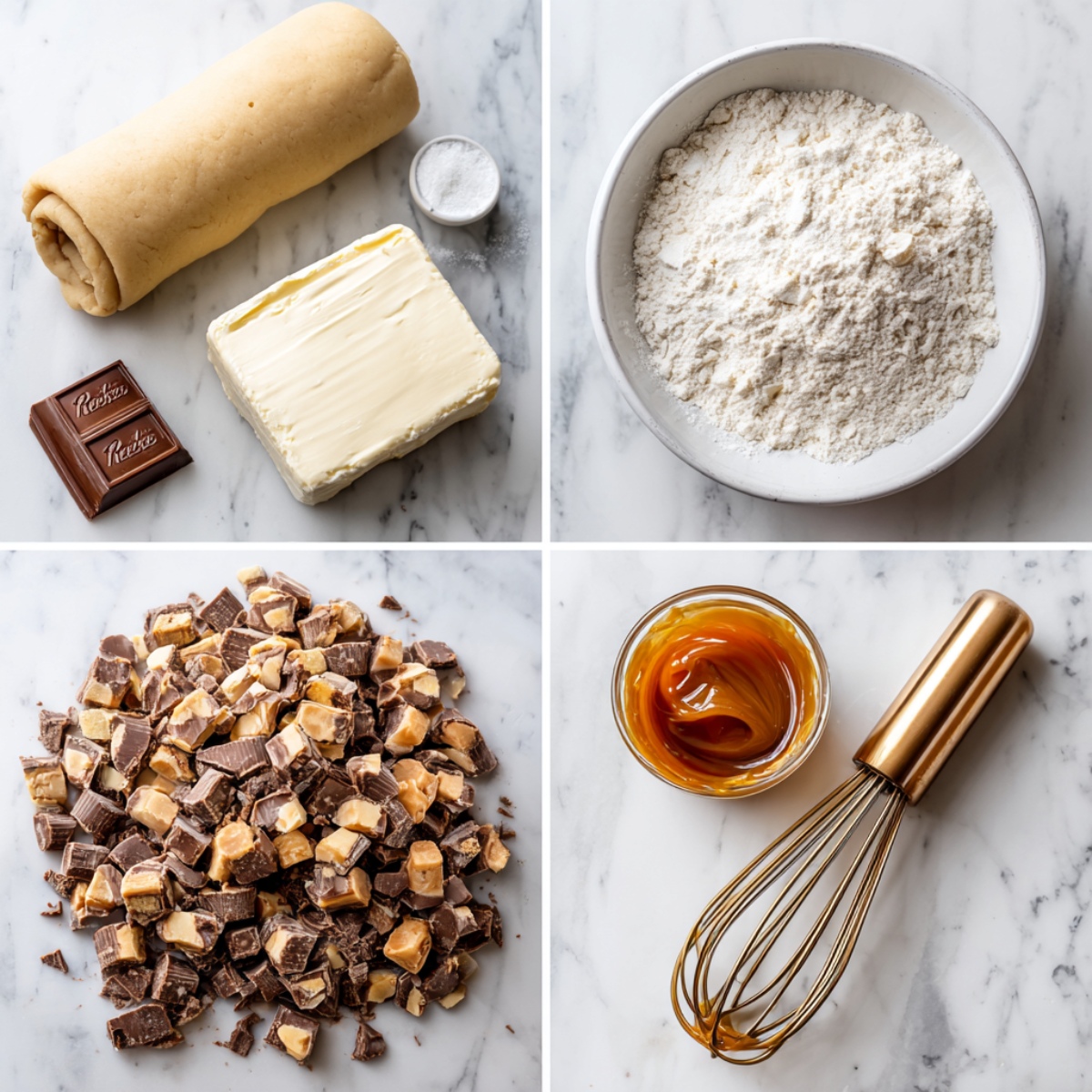 Ingredients for Reese’s Cheesecake Cookie Delight arranged in a 4-panel flat lay on a white marble kitchen counter.