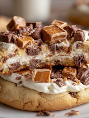 Reese's cheesecake cookie delight showing thick sugar cookies sandwiched with creamy cheesecake frosting and loaded with chopped Reese's peanut butter cups and chocolate pieces, stacked to reveal the generous filling and chunky toppings