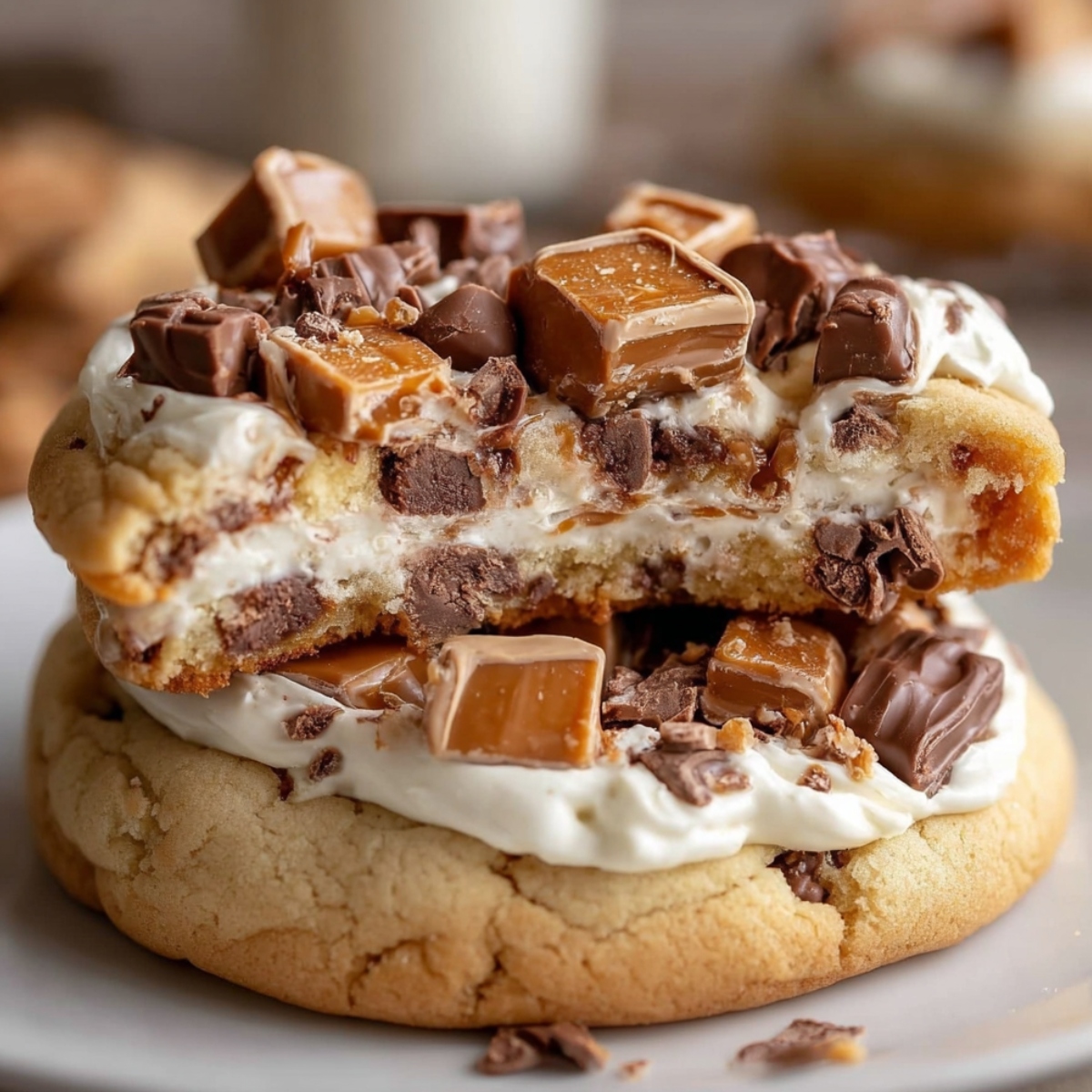 Reese's cheesecake cookie delight showing thick sugar cookies sandwiched with creamy cheesecake frosting and loaded with chopped Reese's peanut butter cups and chocolate pieces, stacked to reveal the generous filling and chunky toppings