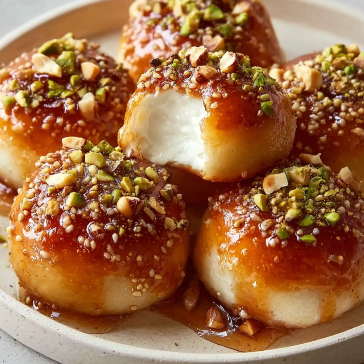 Ricotta pistachio honey bites drizzled with golden honey and topped with chopped pistachios, showing a soft creamy ricotta-filled center on a white plate in a close-up dessert shot.