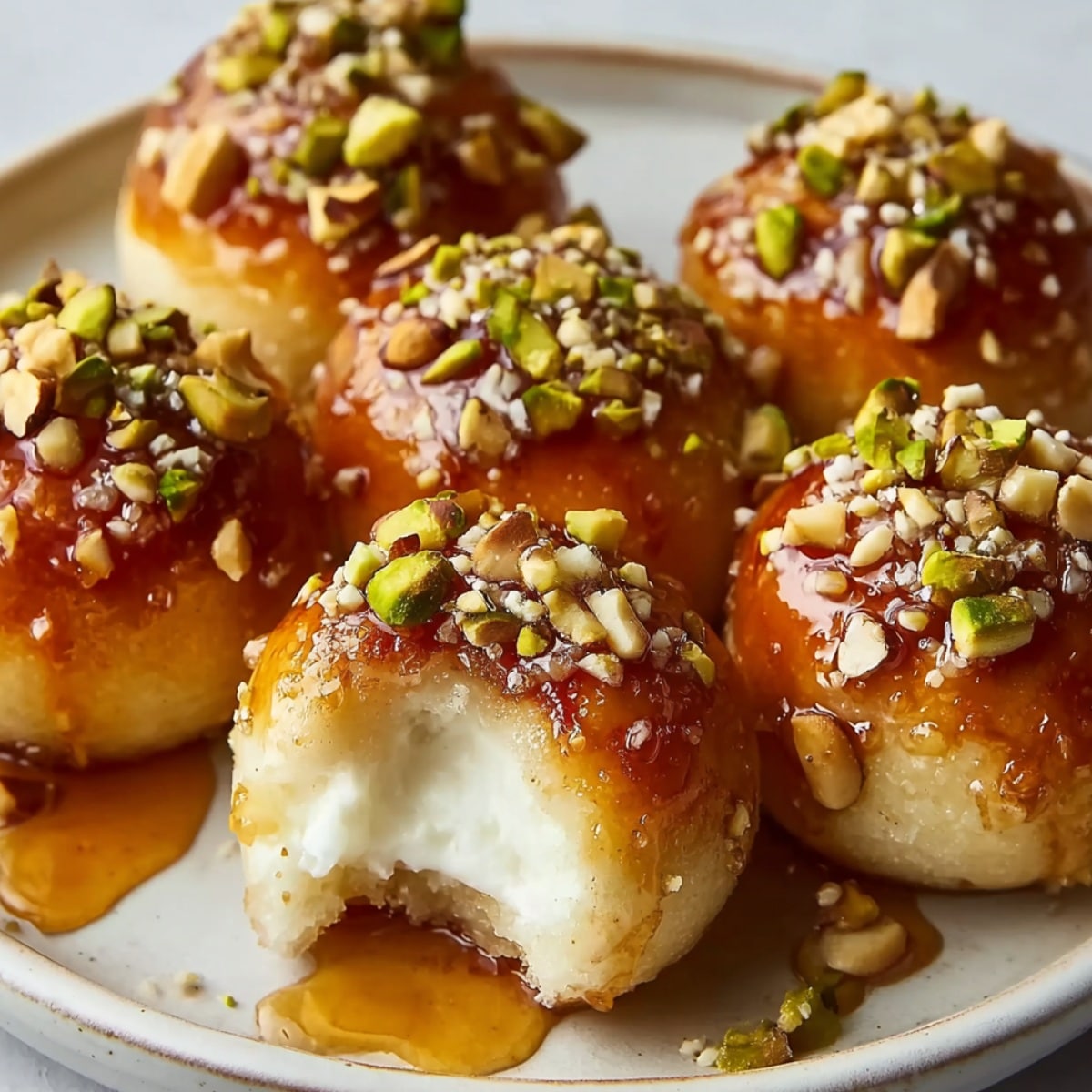 Golden syrup-glazed dessert balls with a soft, cake-like interior, topped with chopped pistachios and nuts, served on a white plate with honey pooling around each bite.