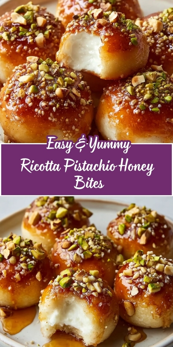 Easy ricotta pistachio honey bites glazed with golden honey, topped with chopped pistachios and nuts, showing a soft creamy ricotta-filled center, served on a white plate in a close-up dessert pin.