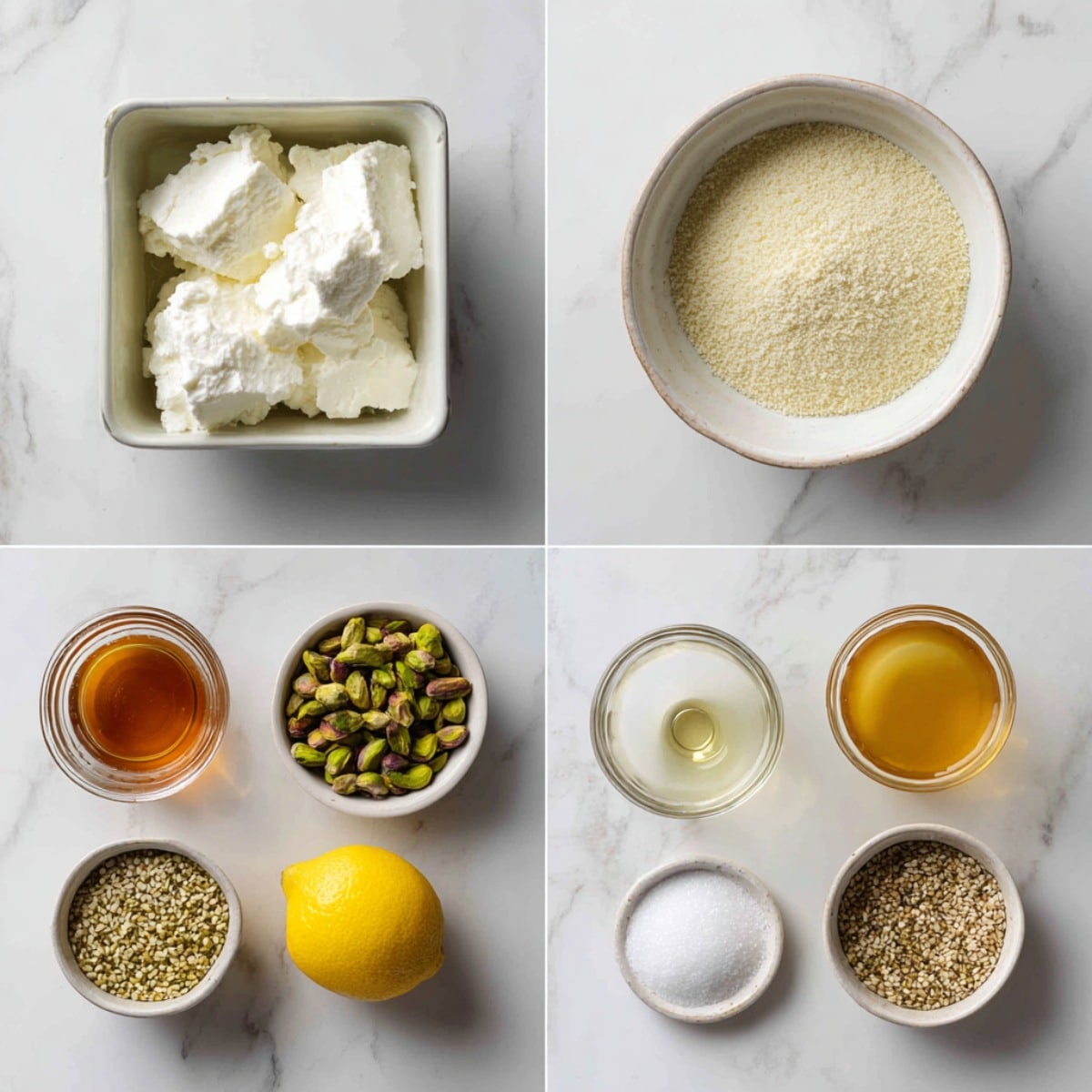 Ingredients for Ricotta Pistachio Honey Bites arranged in a 4-panel flat lay on a white marble kitchen counter.