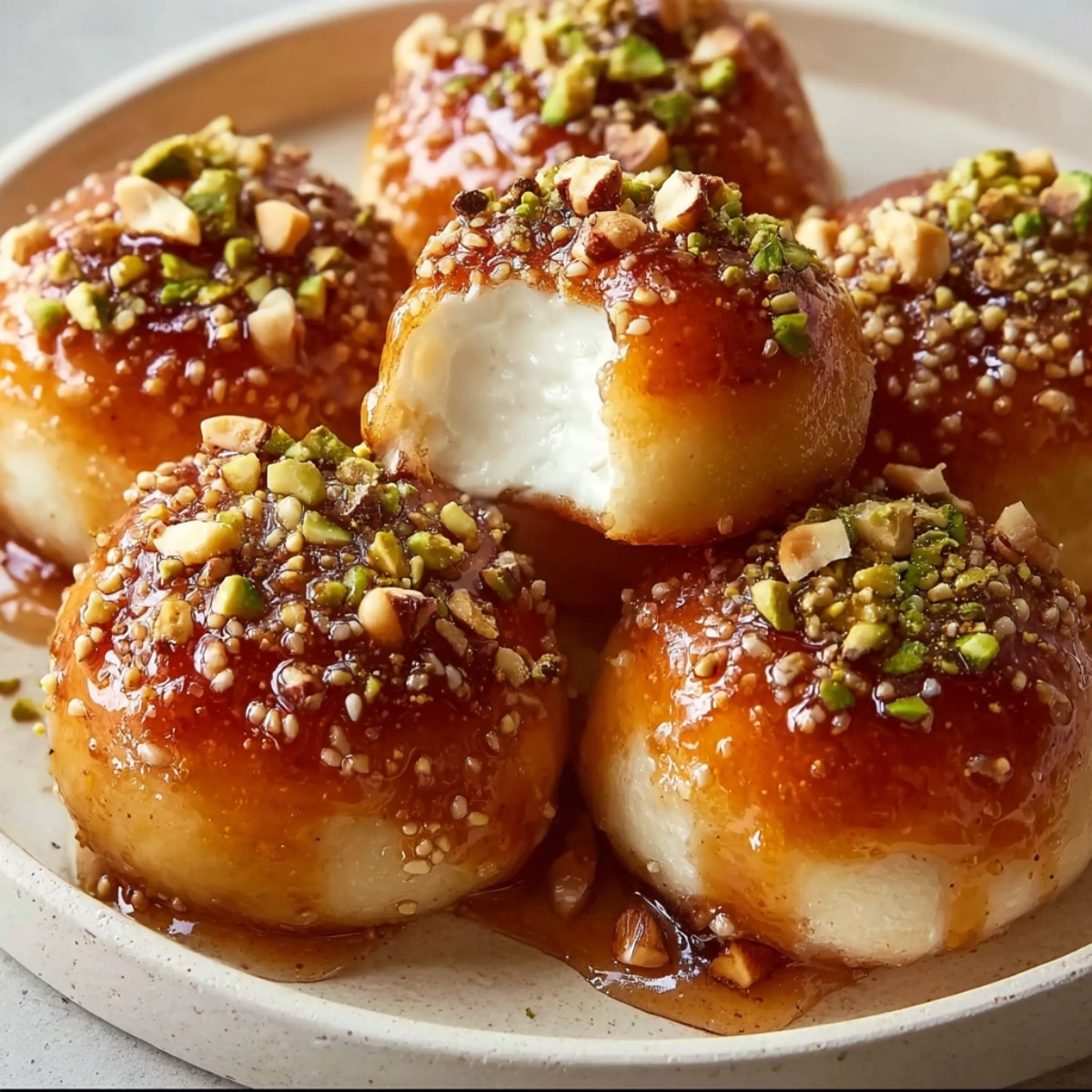Golden honey-drizzled dessert balls filled with creamy white center, topped with crushed pistachios and nuts, served on a white plate with glossy syrup pooling around them.
