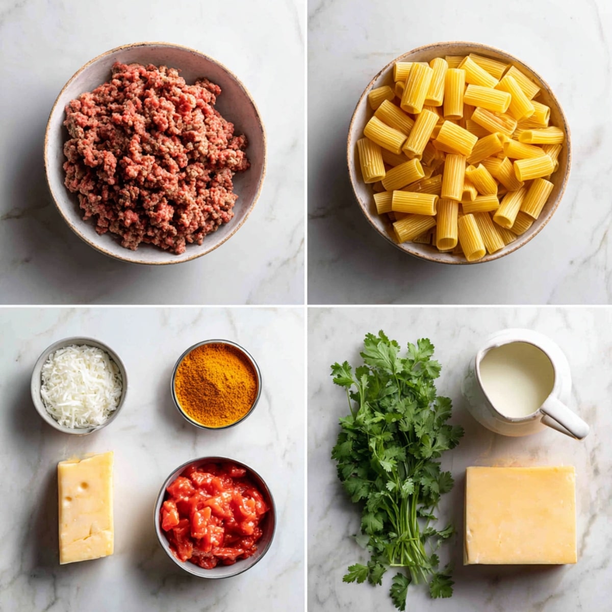 Ingredients for Rotel Pasta Fiesta arranged in a 4-panel flat lay on a white marble kitchen counter.